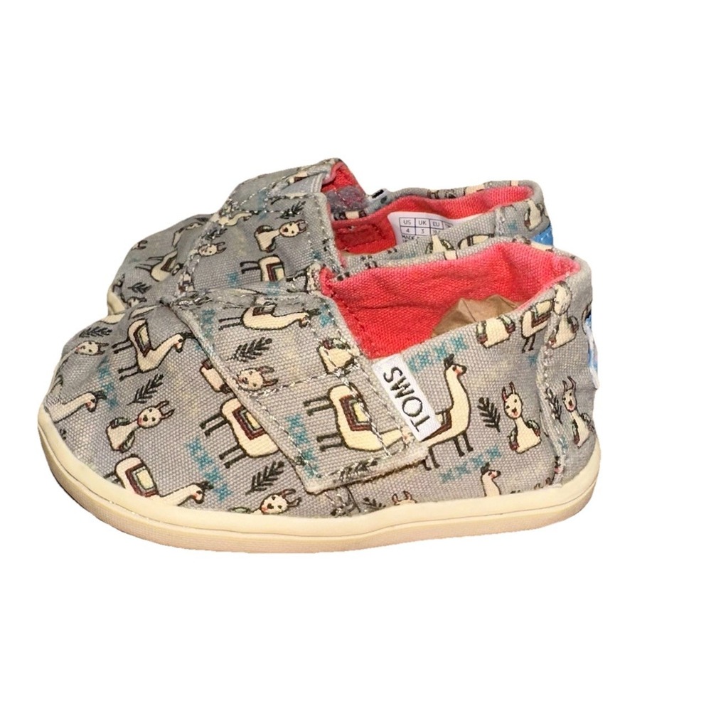 Tiny TOMS Gray Fleck Jersey Fa-La Llama Print Slip On Shoes‎ Toddler Girl's 4